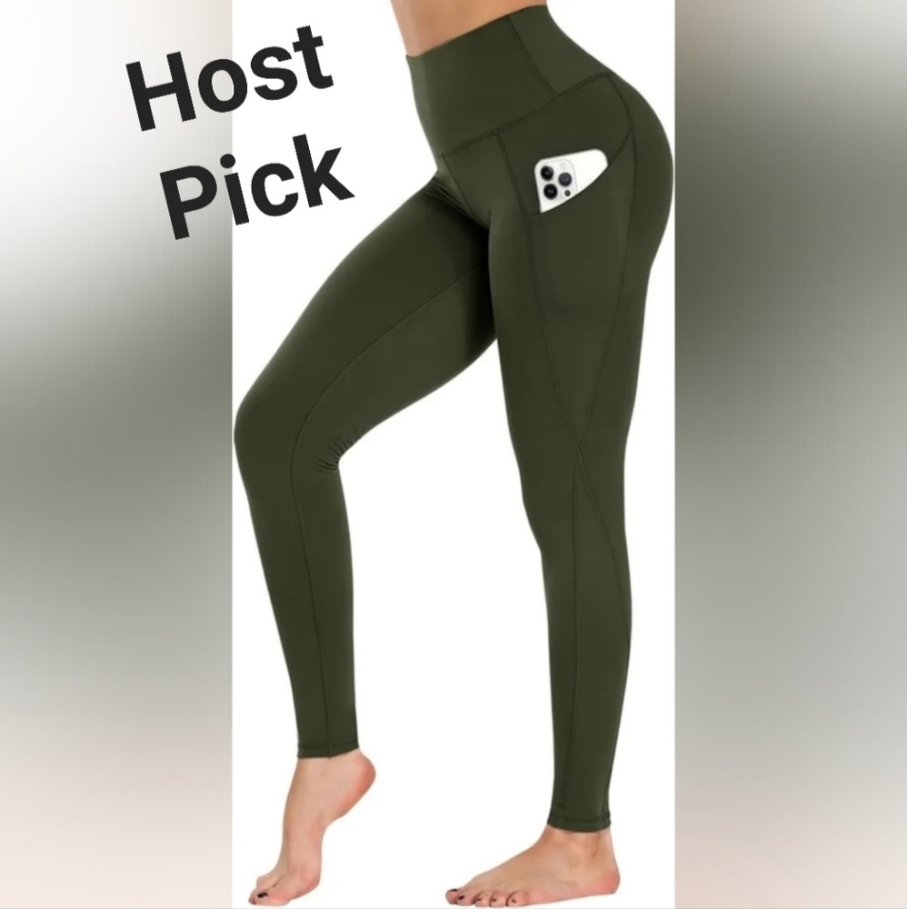 Women's Plus Size Yoga Pant High Waist Leggings with Pocket- Olive Green